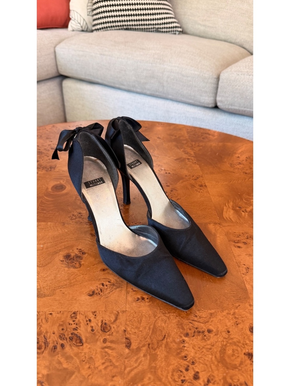 Stuart Weitzman Black Satin D'Orsay Heels with Ankle Bow Detail